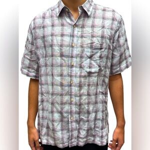 🔥🌴TASSO ELBA Island linen blend shirt Size L. Grayish background w/ plum/pink